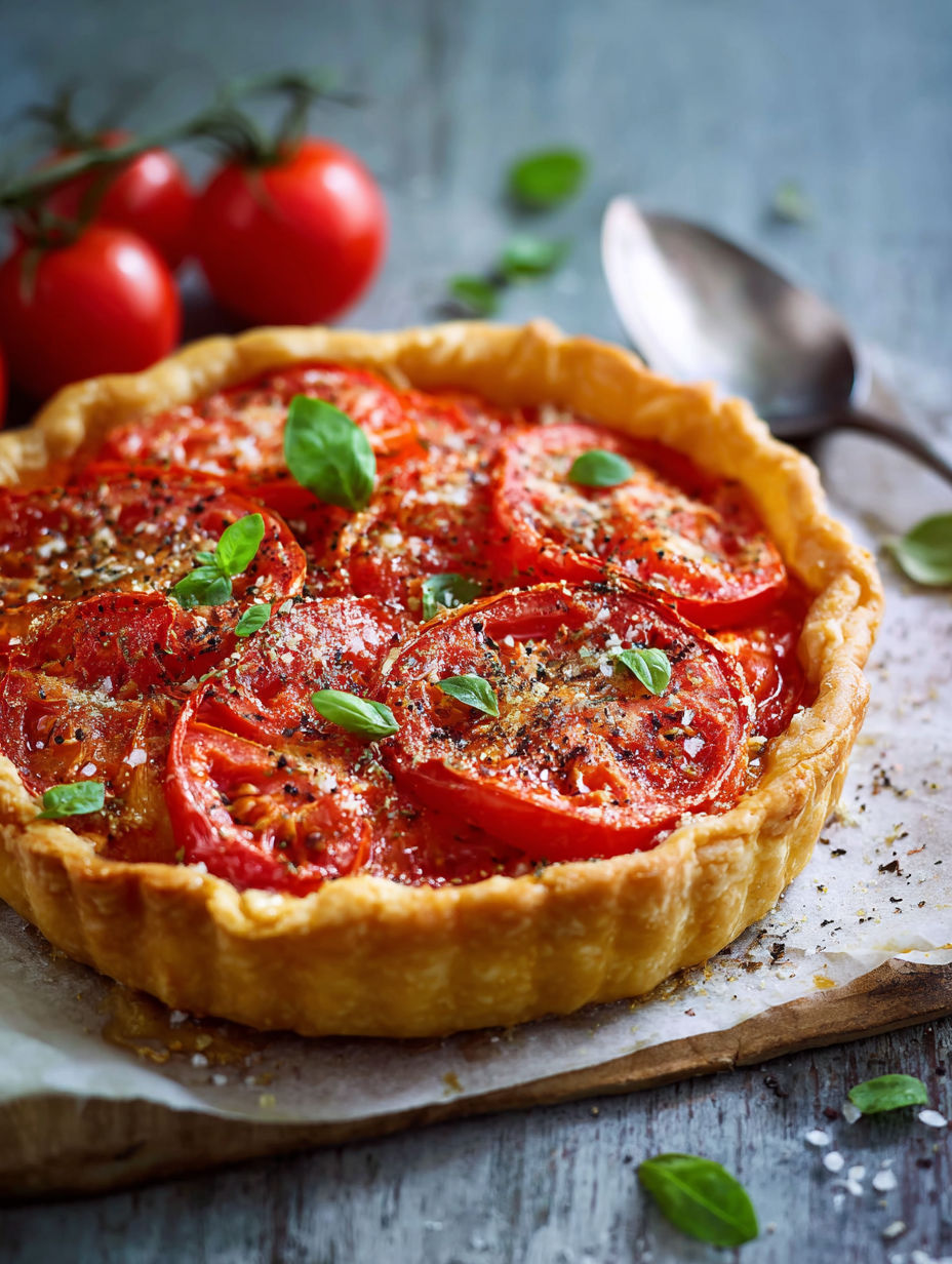 Une tarte aux tomates est servie sur une table avec des tomates frais et une cuillère.