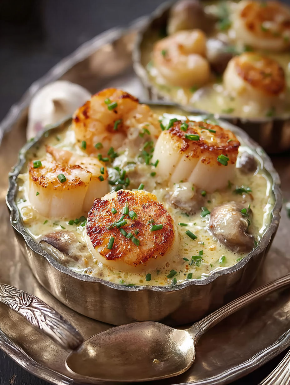 Une tarte aux moules et à la crème de casserole, garnie de ciboulette et de crustacés.