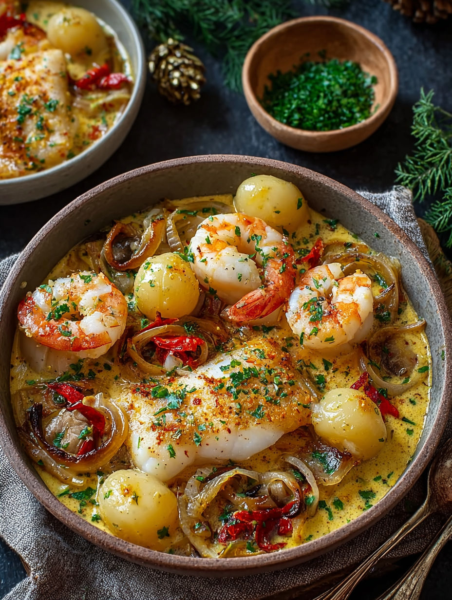 Cassolettes de Crevettes et Pommes de Terre - Un plat de poisson et de pommes de terre avec des herbes et des épices.