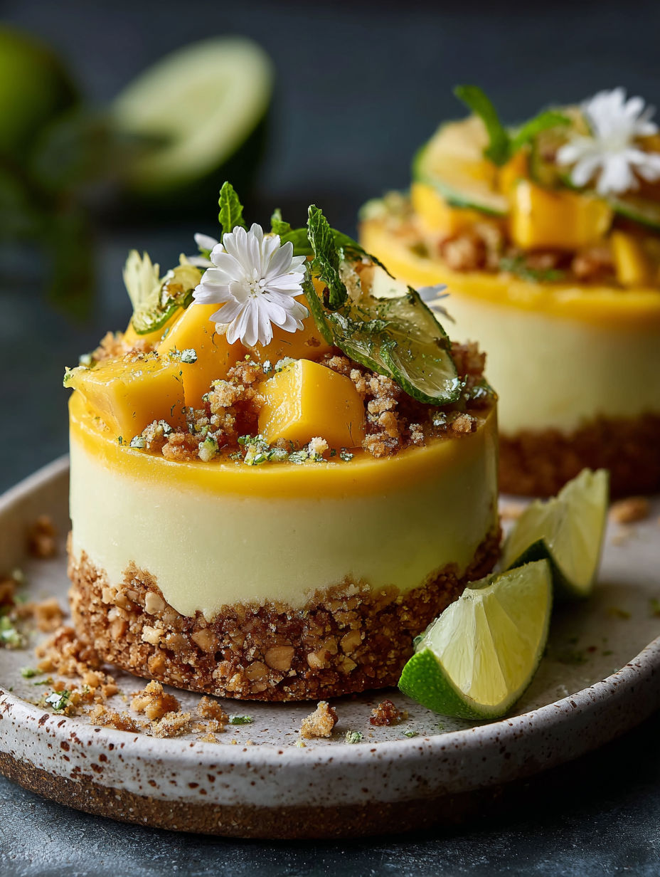 Une tarte aux fruits et à la menthe, garnie de fleurs de cerisier, est servie sur un plateau.