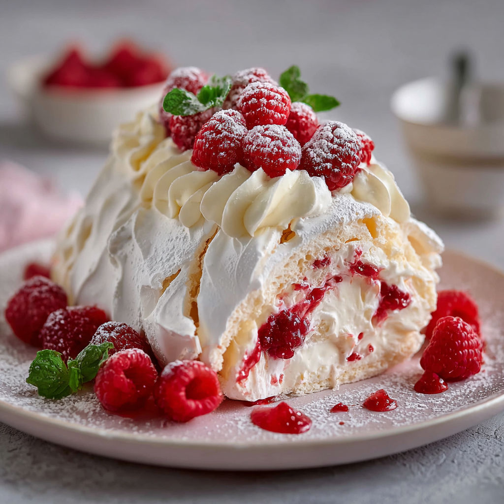 Un délicieux roulé de crème et fraises, garnie de fraises rouges et de menthe, est présenté sur un plateau.