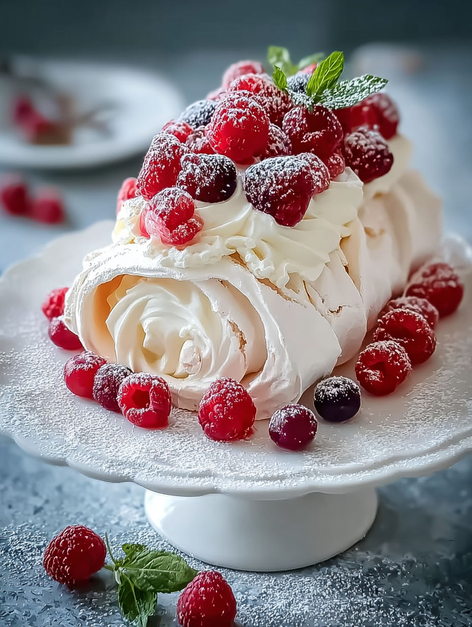 Une tarte aux fraises et à la crème, garnie de fraises et de framboises, est servie sur un plateau en porcelaine.