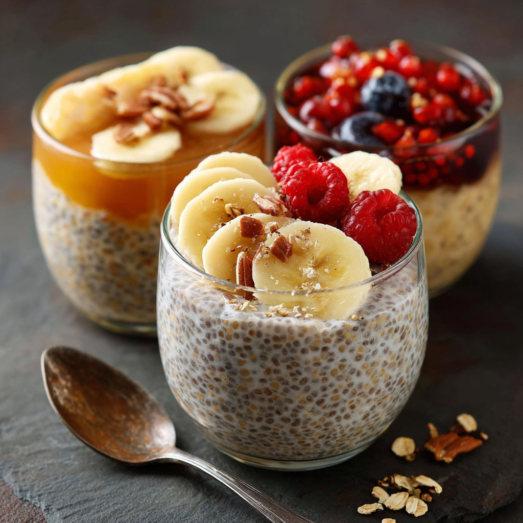Un dessert en verre contenant des bananes, des baies, des graines de lin et des raisins.
