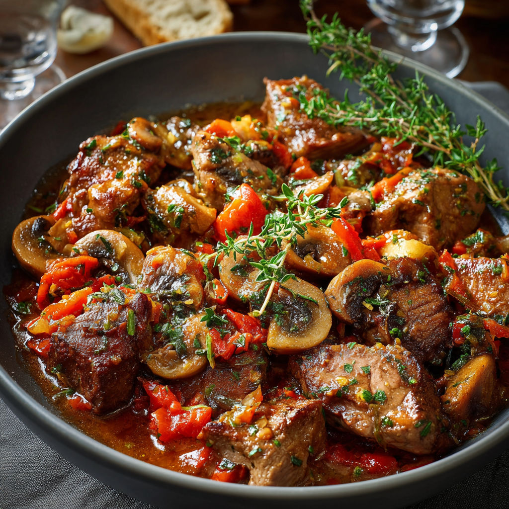 Un plat de Sauté de viande avec des champignons et des herbes.