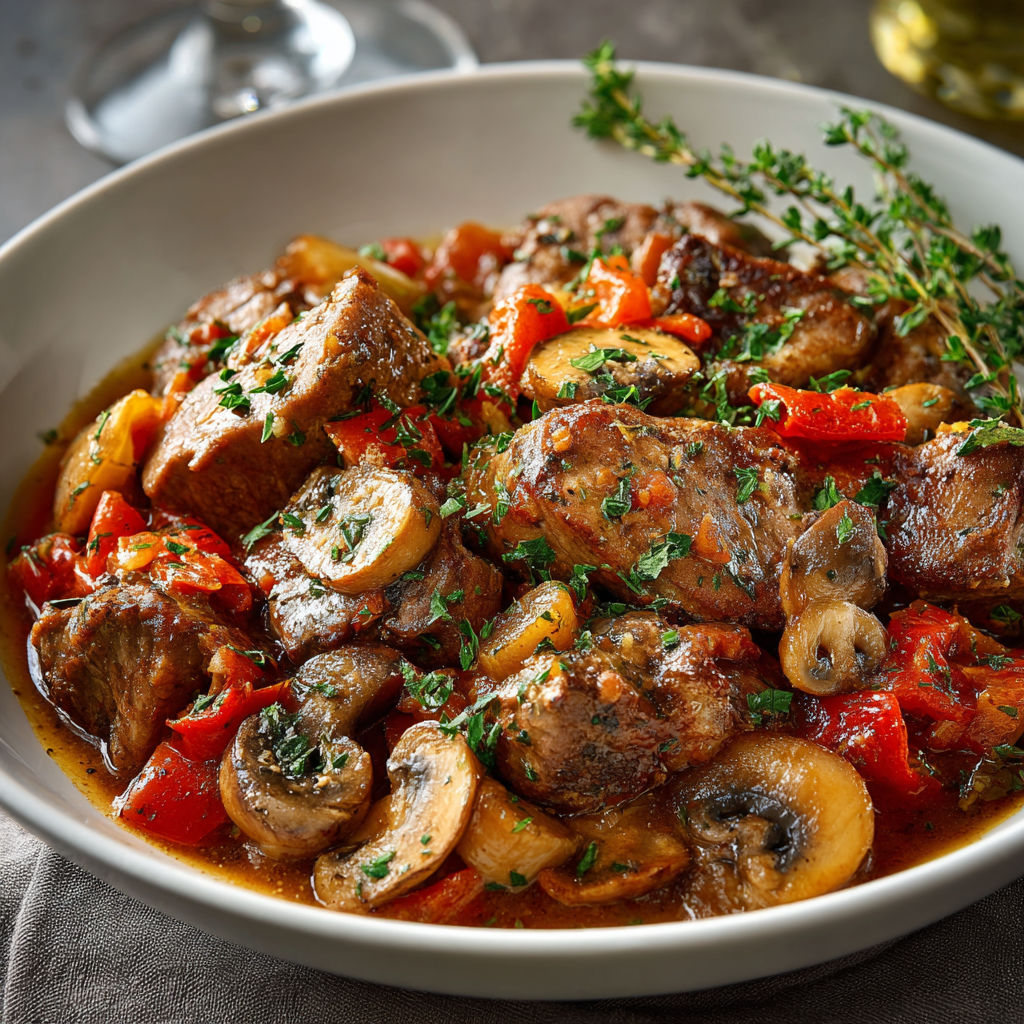Une recette de stew de viande avec des champignons et des légumes.