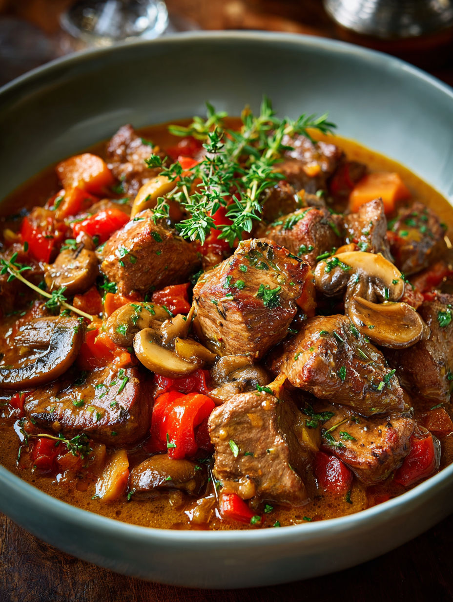 Un plat de viande avec des champignons et des herbes.