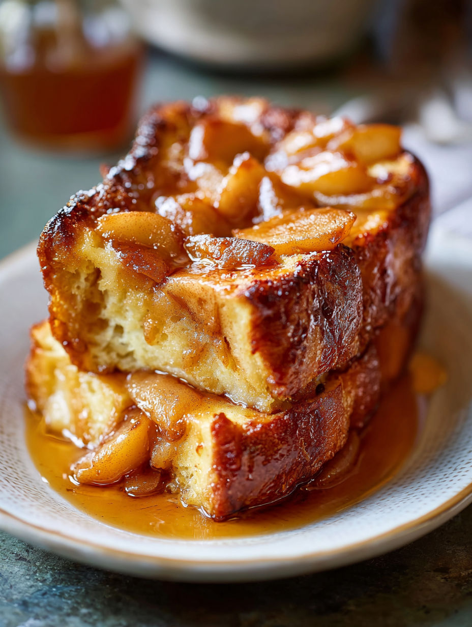 Une tarte aux pommes chaude et sucrée, avec une sauce caramel, est servie sur un plateau en porcelaine.