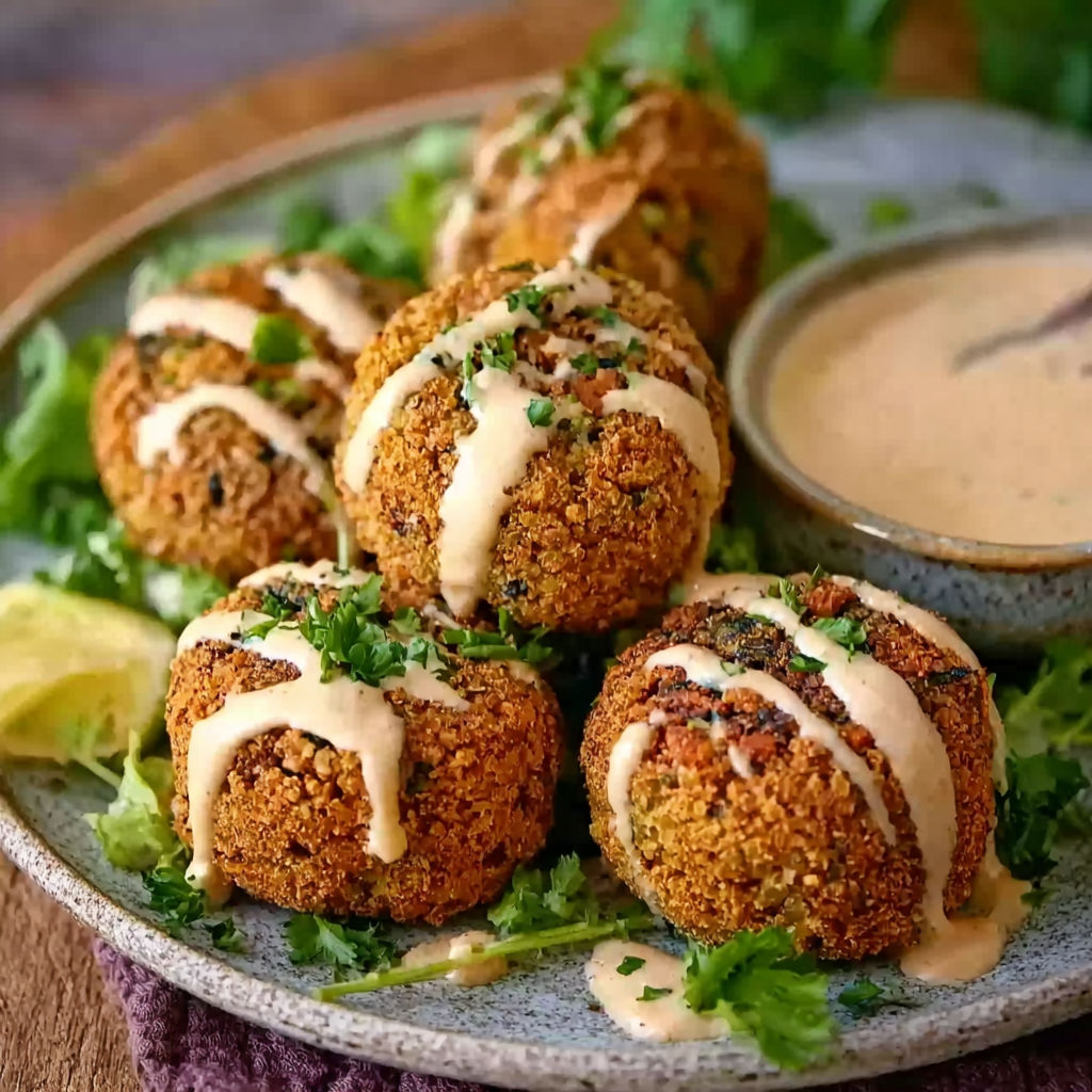 Plate of falafels with a bowl of sauce.