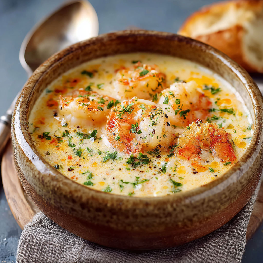 Une soupe de langoustines chaude dans un bol en terre cuite.