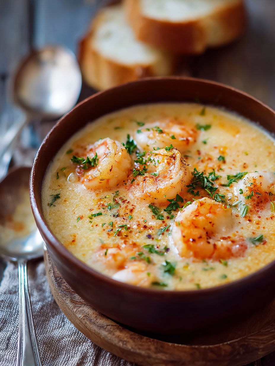 Une soupe de crevettes et de croutons dans un bol en terre.