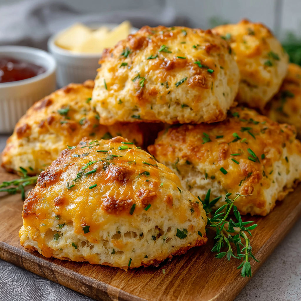 Une pile de biscuits au fromage et herbes, accompagnés d'une sauce au miel.
