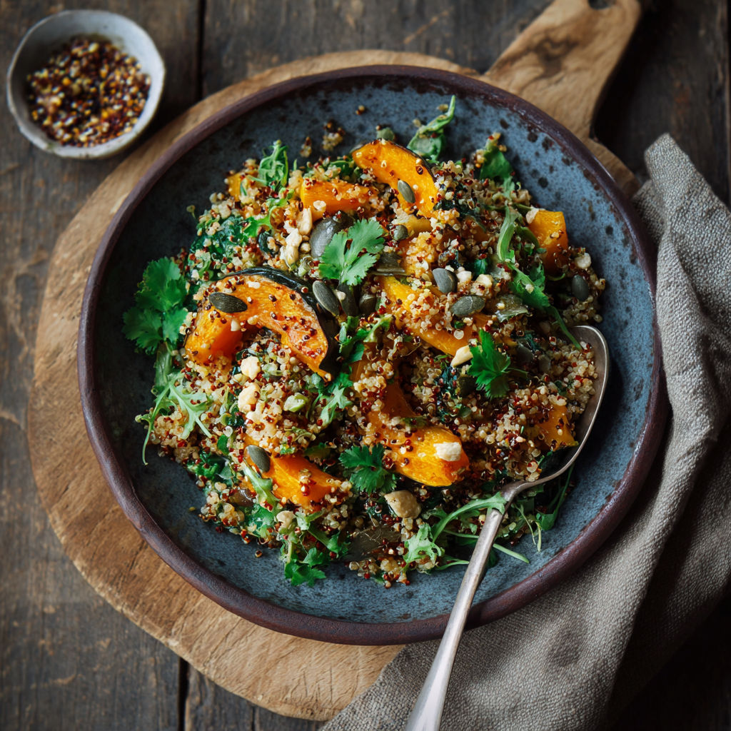 Une salade de quinoa et de légumes, servie dans un bol sur une table.