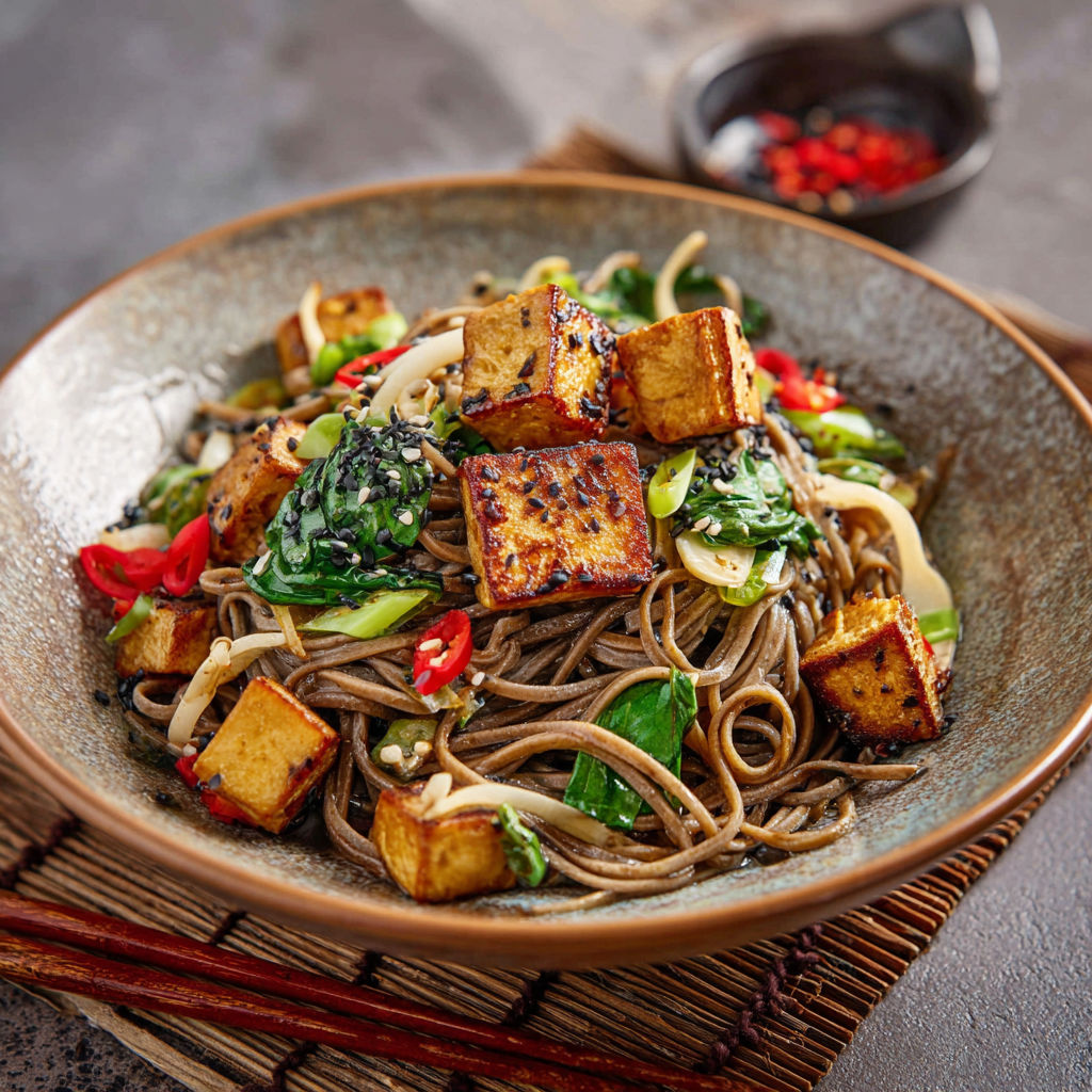 Une assiette de nouilles soba avec des légumes et des cubes de tofu.