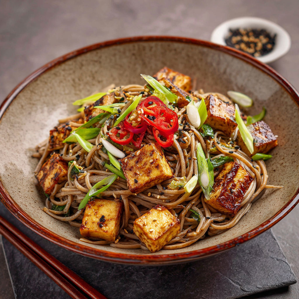 Une assiette de nouilles soba avec des légumes et des carottes.