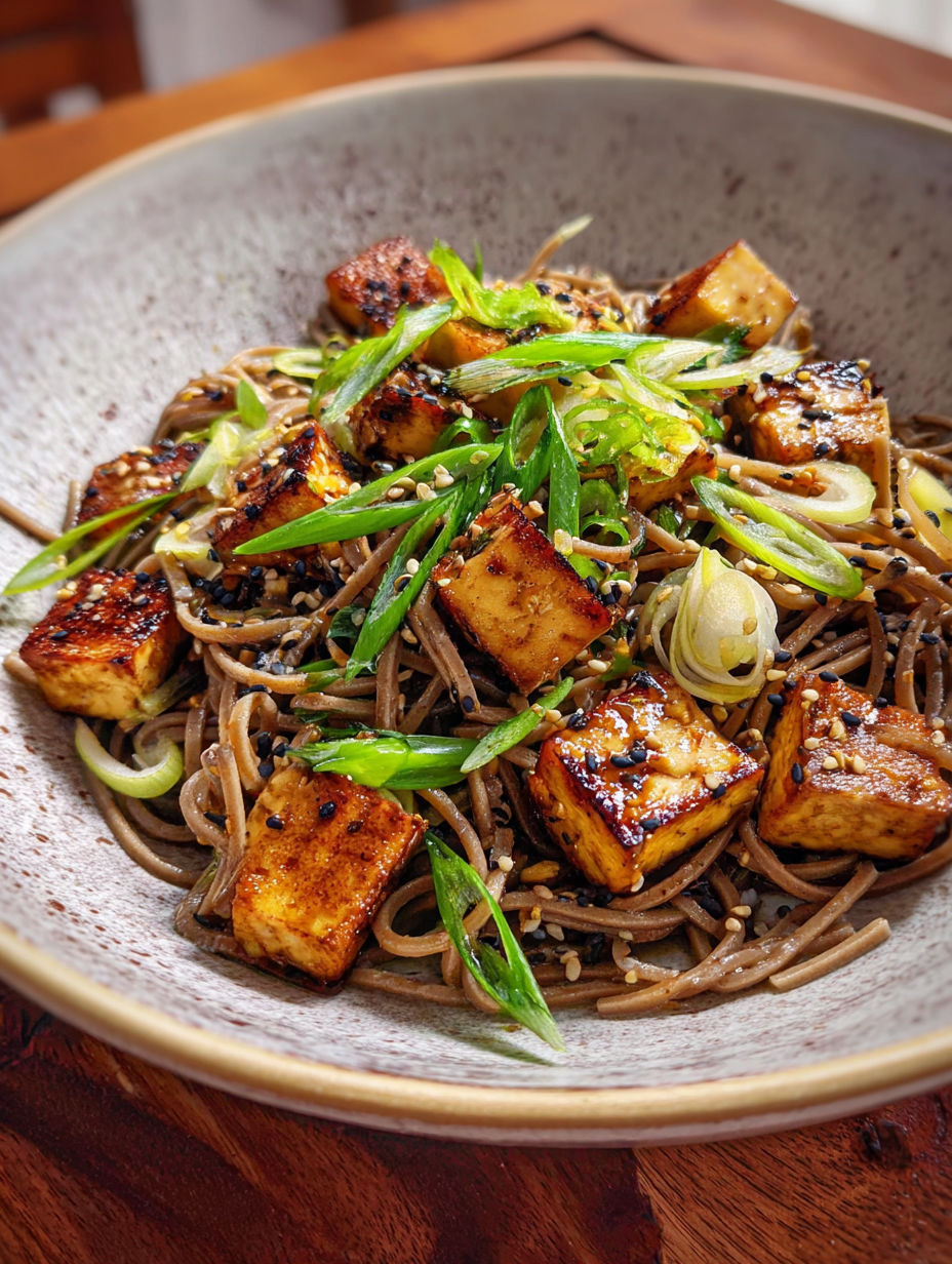 Une plate de nouilles soba avec des légumes verts et des noix de coco.