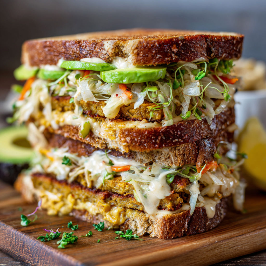 Un sandwich de poulet et de coleslaw sur une planche de bois.