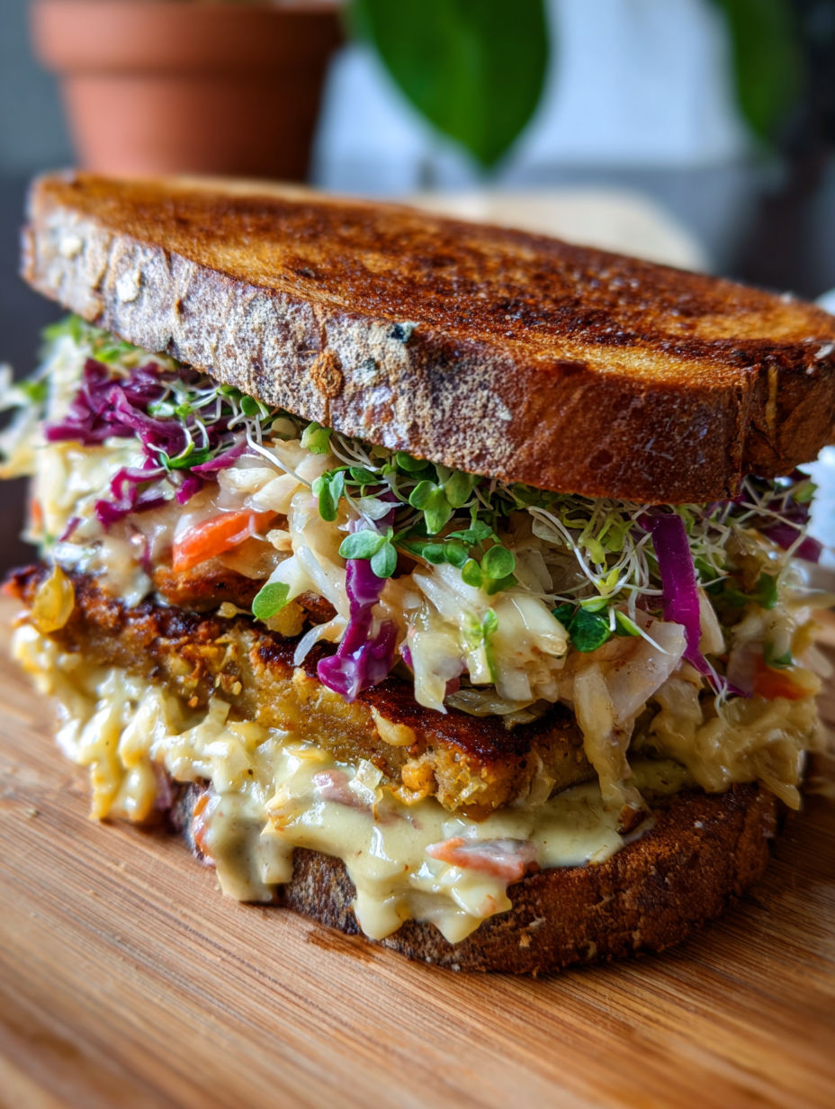 Un sandwich de pâtes salées avec des légumes verts et des herbes.