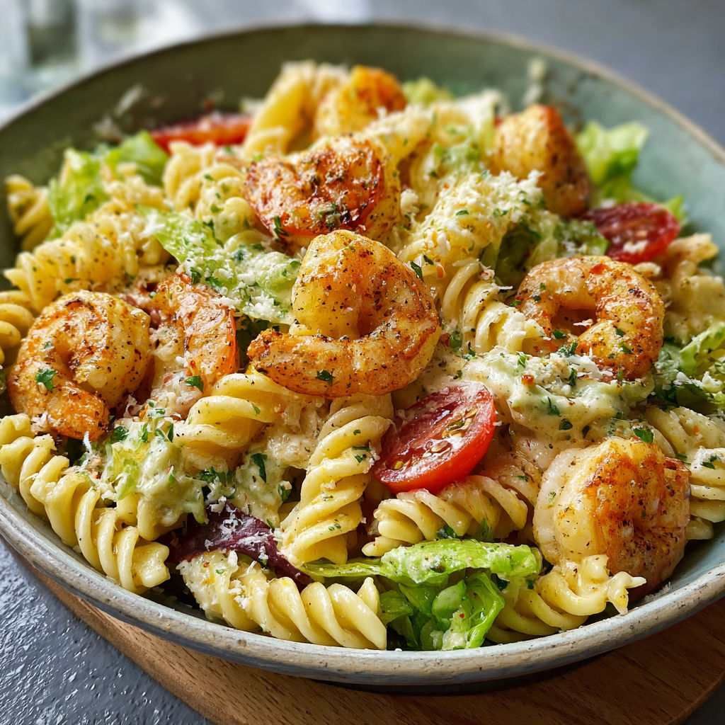 Salade de Shrimp et Pasta avec des légumes verts et des herbes.