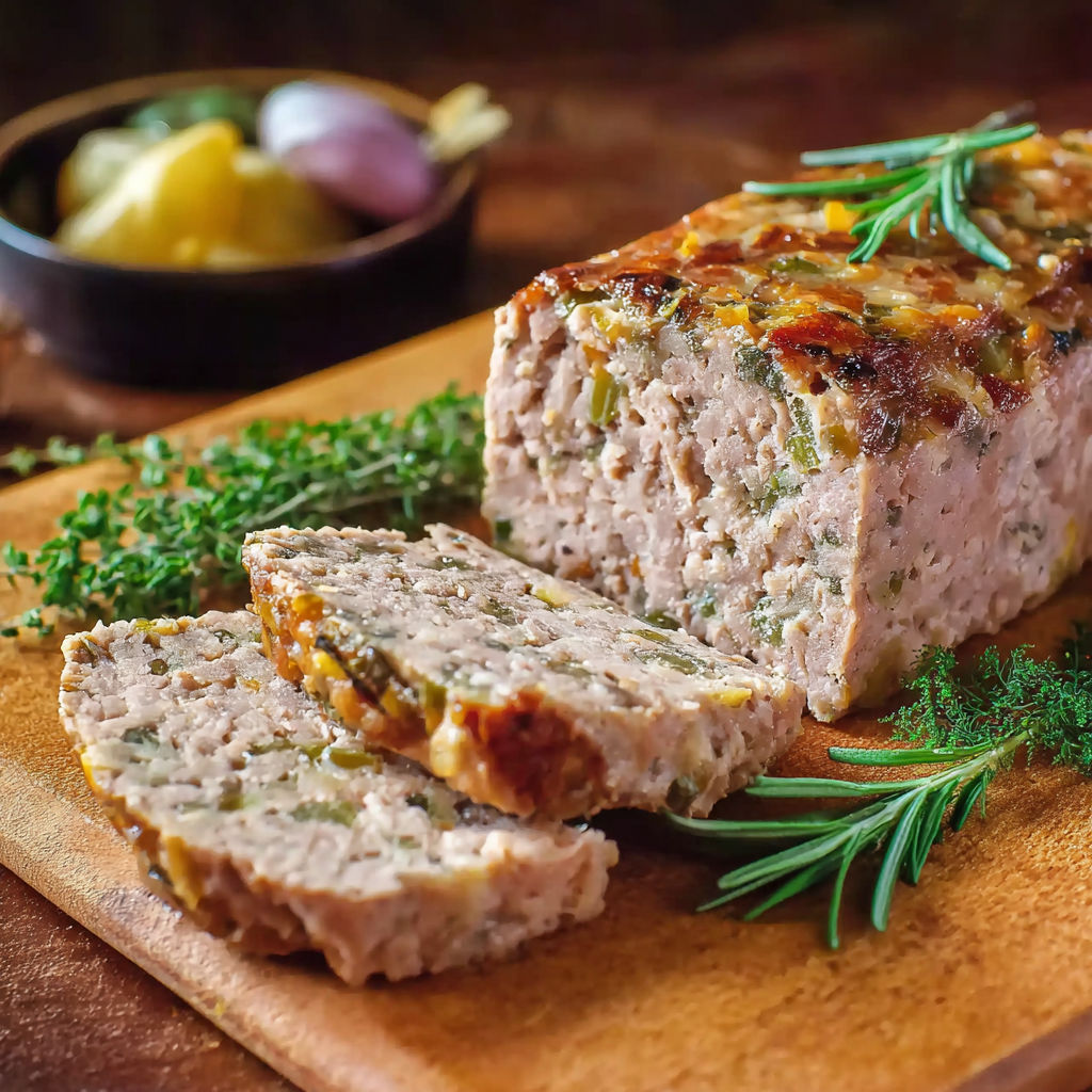 Une tranche de pâté de campagne sur un plateau de bois.