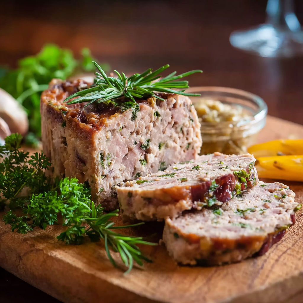 Une recette de casserole de viande est servie sur une table avec des herbes fraîches et des légumes.