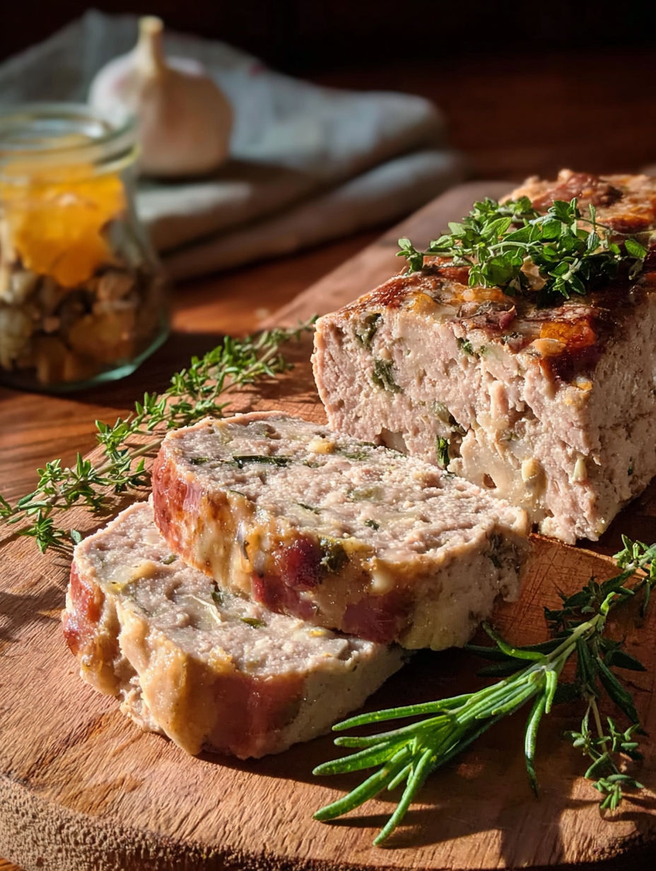 Une recette de gibier farcié est servie sur une table avec des herbes fraîches.