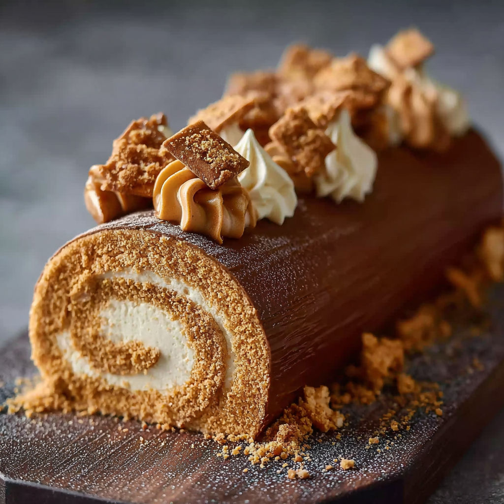 Une bûche au chocolat et au caramel, garnie de crumble de beurre et de crème fouettée, est servie sur un plateau.