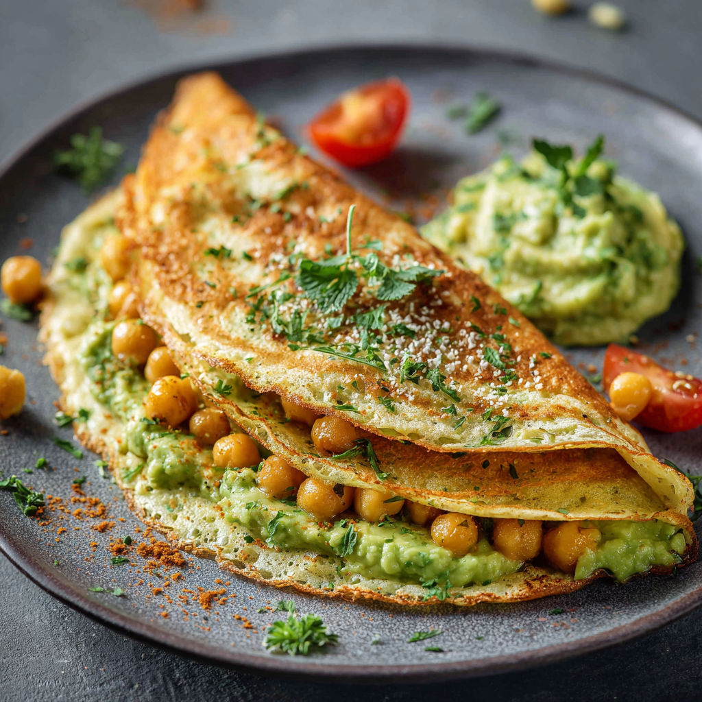 Une crêpe Pois est servie sur un plateau avec une salade et une guacamole.