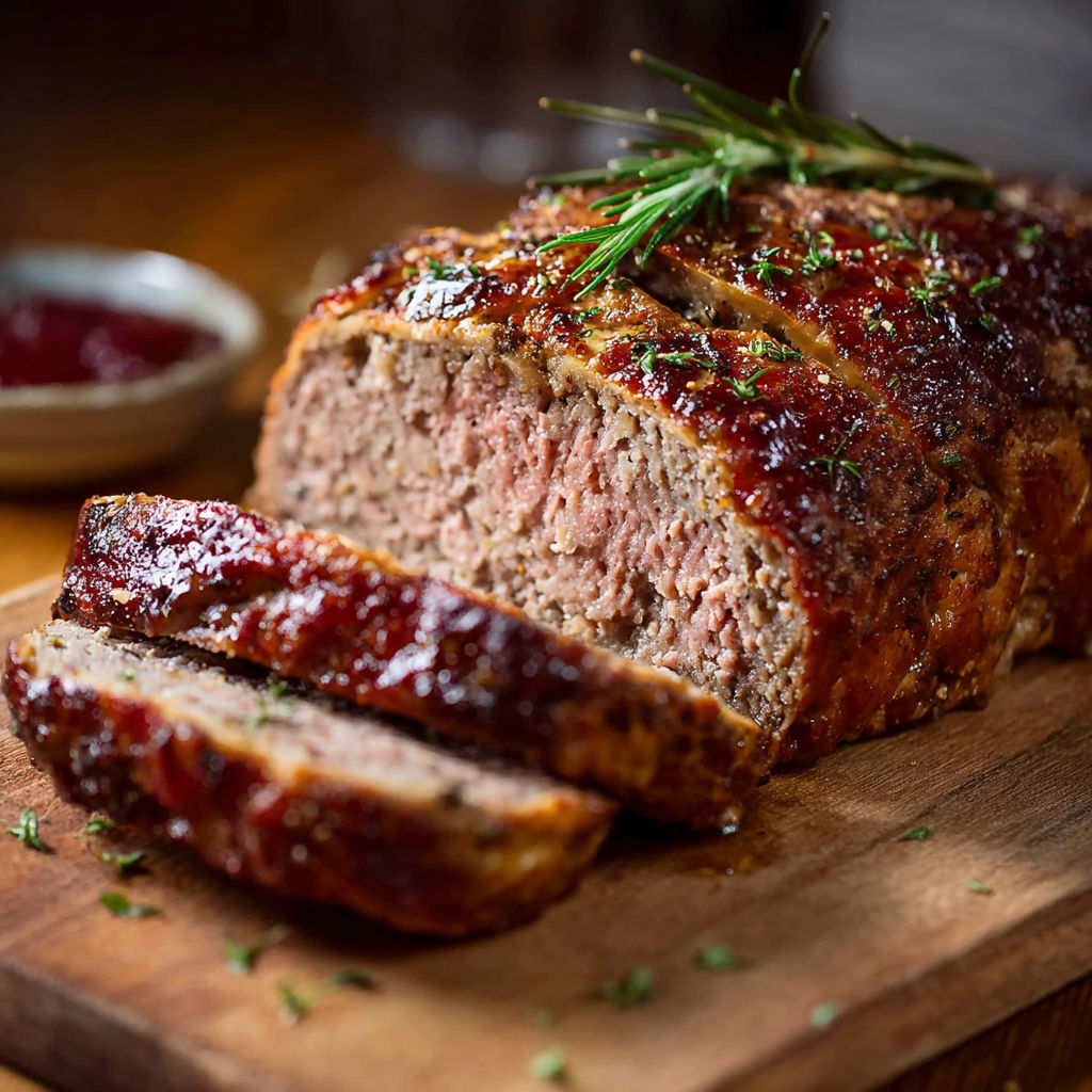 Une viande grillée sur un planche de bois, avec une sauce et des herbes.