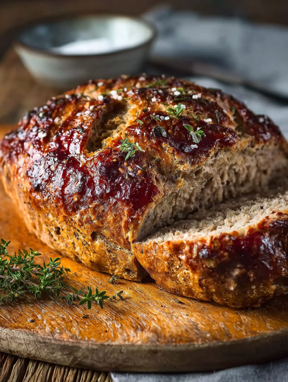 Une baguette de pain grillé avec des herbes et des fruits rouges.