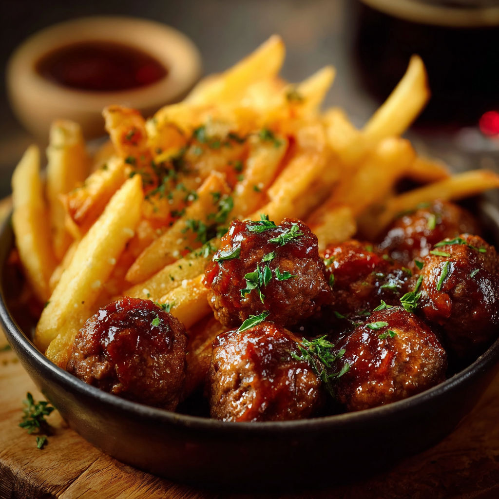 Boulets à la sauce tomate et frites.