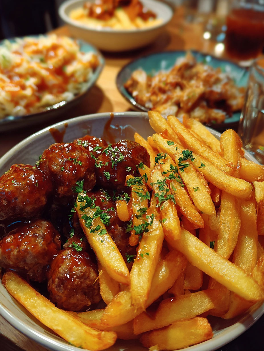 Une recette de sauce chinoise est servie avec des frites et des balles de viande.