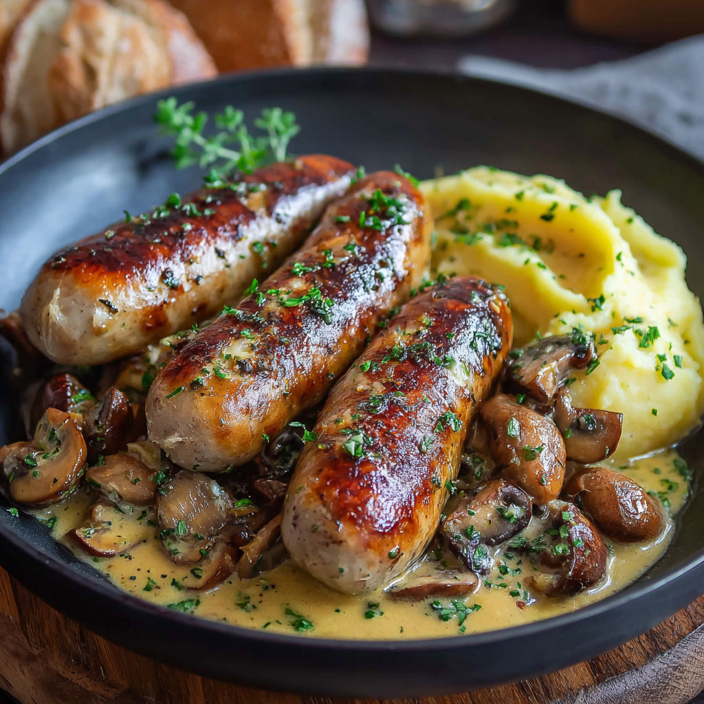 Saucisses de porc grillés avec des champignons et des pommes de terre.