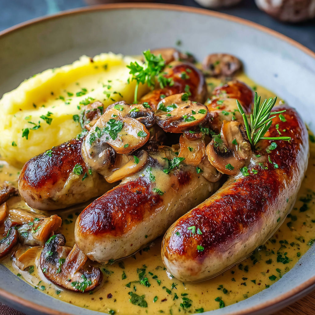 Une recette de saucisses de Toulouse avec sauce aux champignons et pommes de terre.