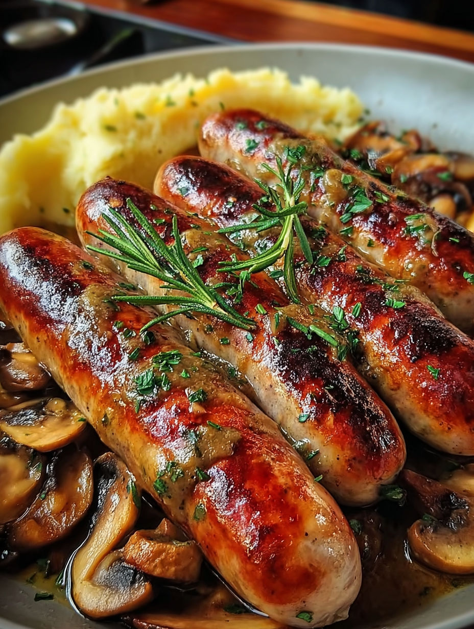 Saucisses avec champignons et herbes, servies avec une purée de pommes de terre et une branche de persil.