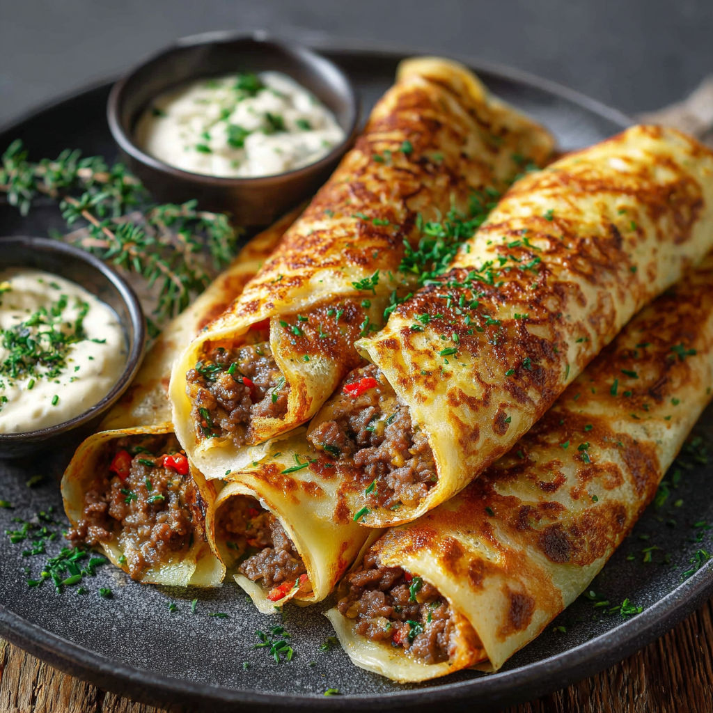 Crêpes Salées, une recette savoureuse et délicieuse, est servie sur un plateau en verre.