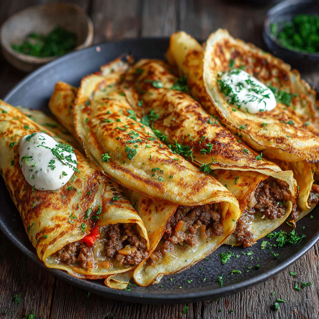 Une pile de crêpes salées au bœuf avec herbes et fromage sur un plateau.