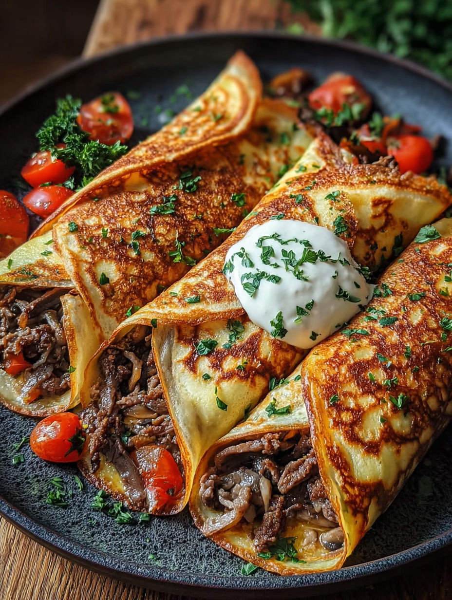 Crêpes salées au bœuf haché garnies de fromage et légumes, servies sur un plateau.