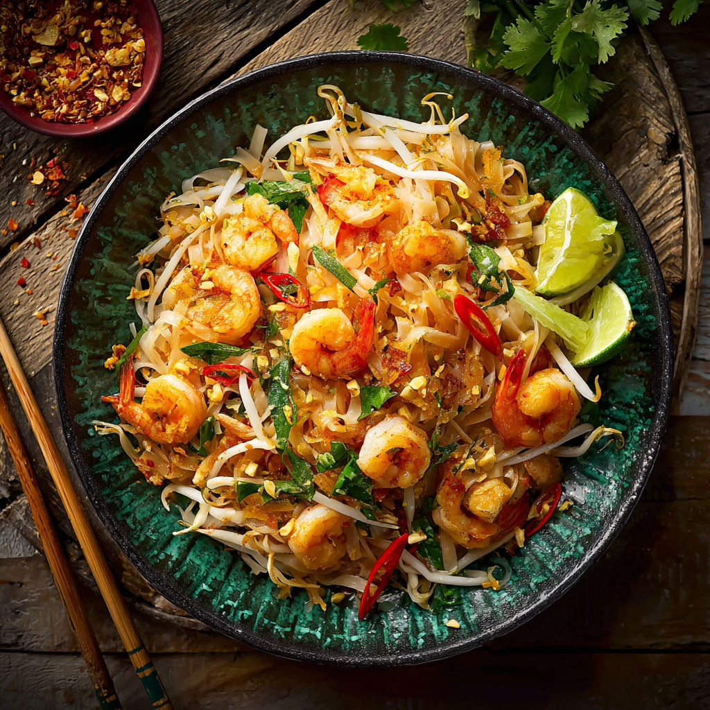 Une recette de Pad Thaï aux crevettes servie dans un bol.