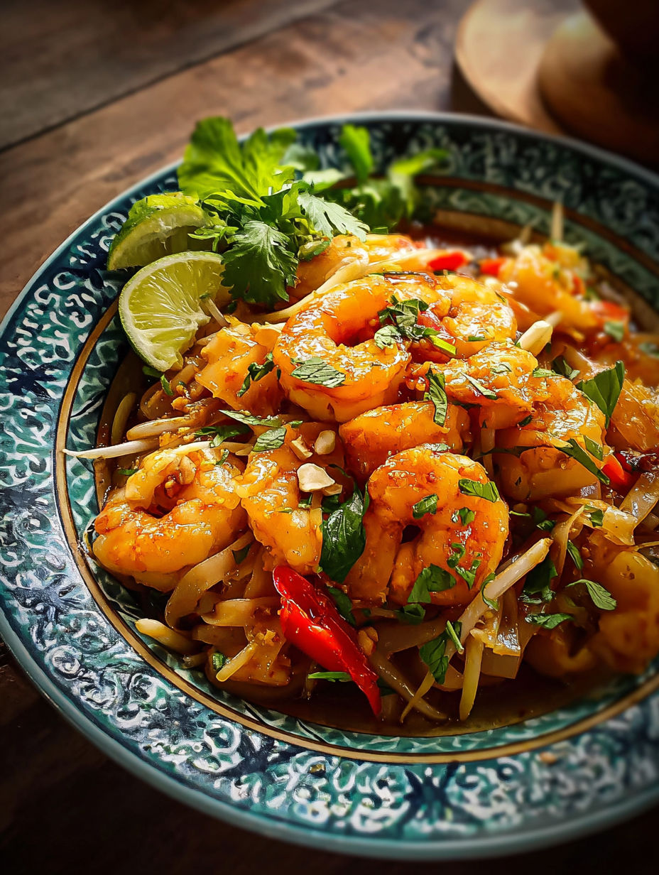 Une assiette de Pad Thaï aux crevettes avec herbes et légumes.