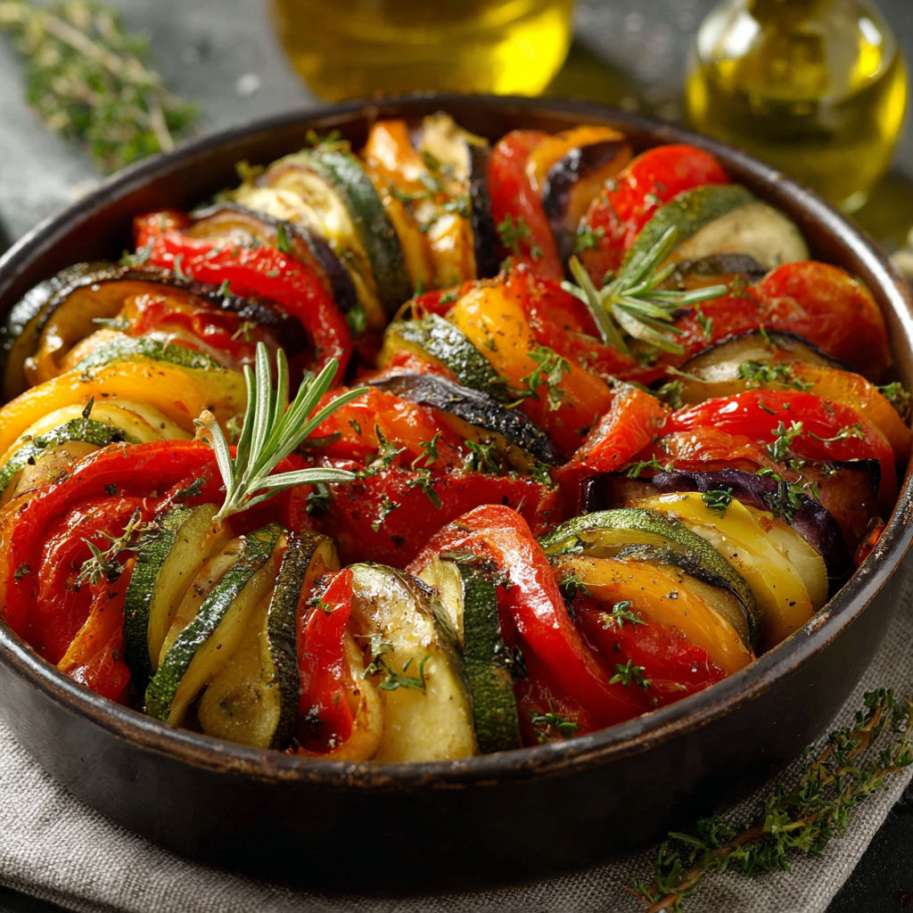 Une ratatouille provençale est servie dans un bol en métal.