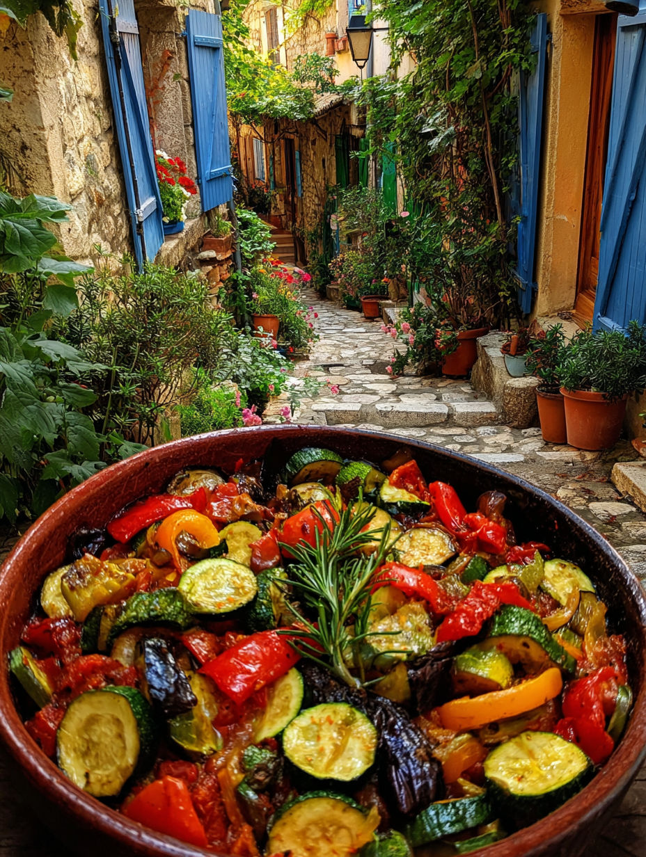 Une délicieuse ratatouille provençale est servie dans un bol coloré.