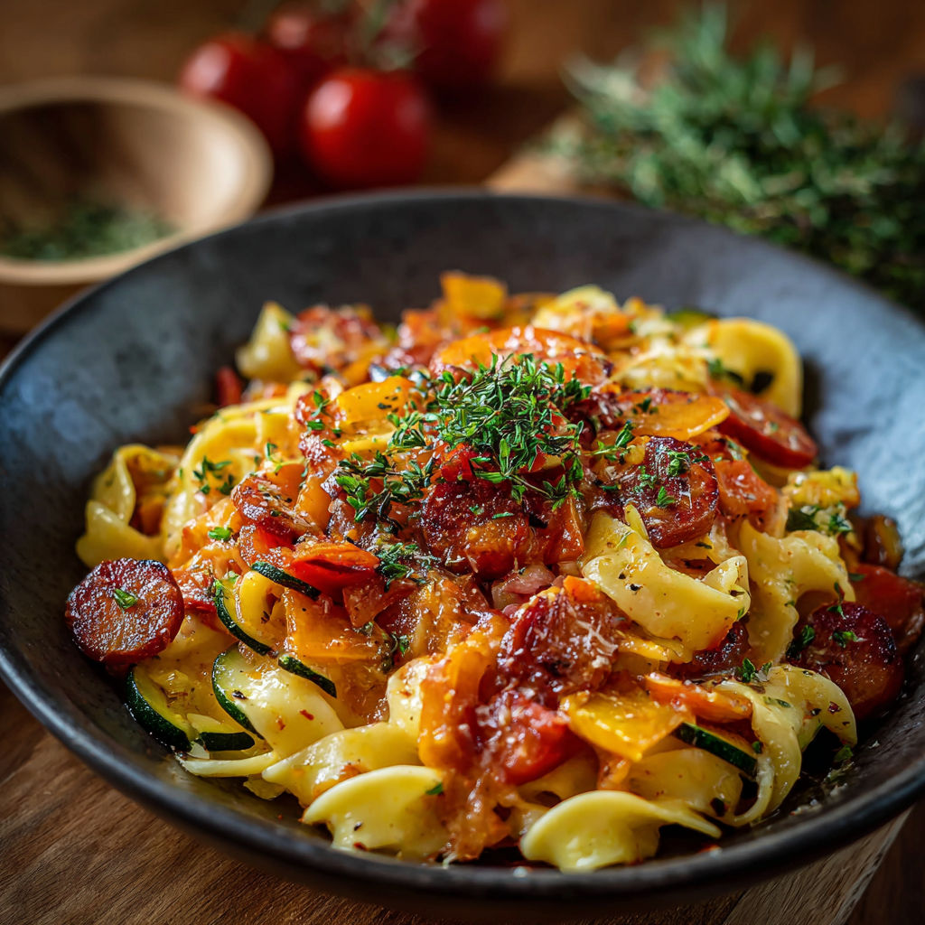 Une plate de pâtes aux tomates et aux épinards, accompagnée de légumes frais.
