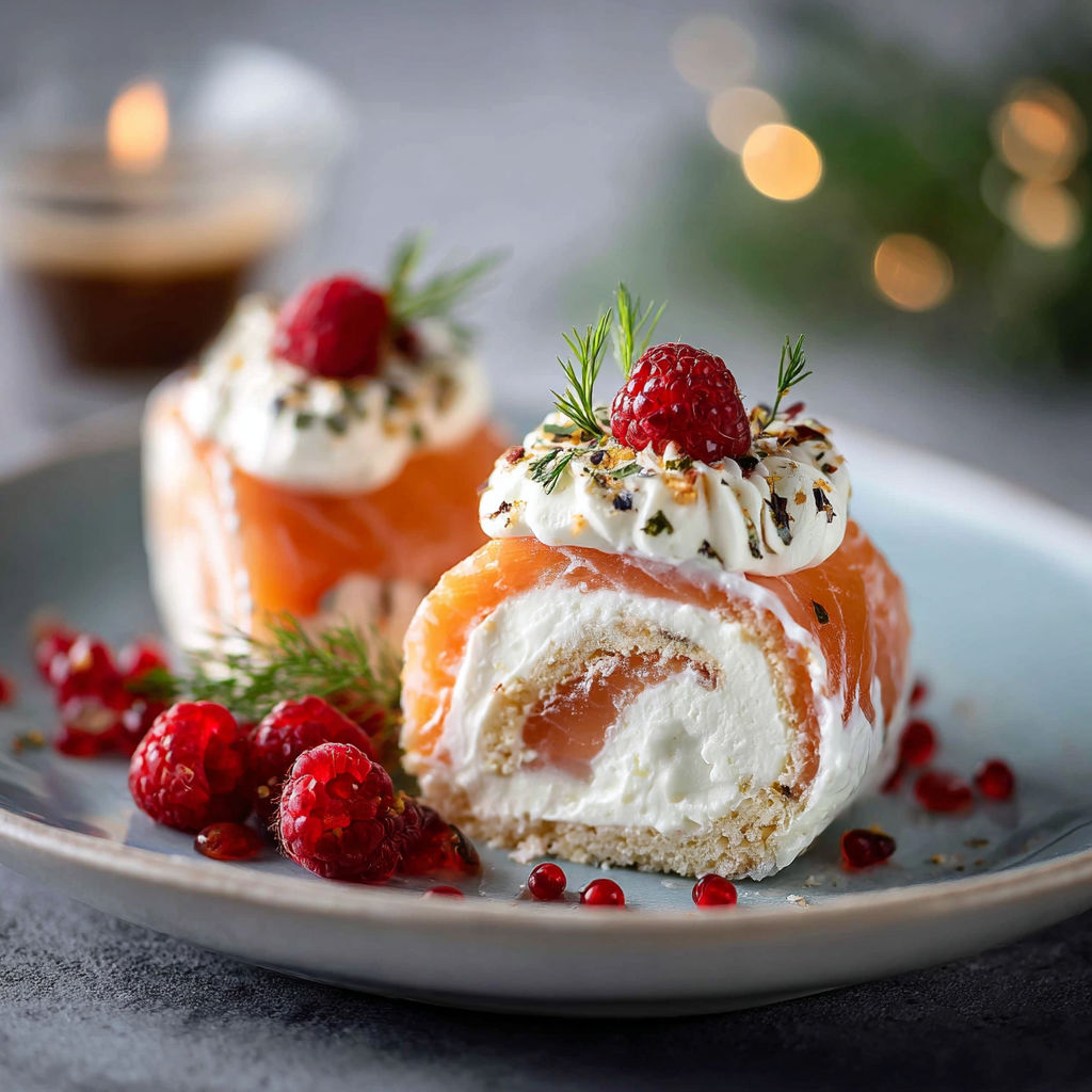 Rouleaux de saumon avec des fraises et des épinards.