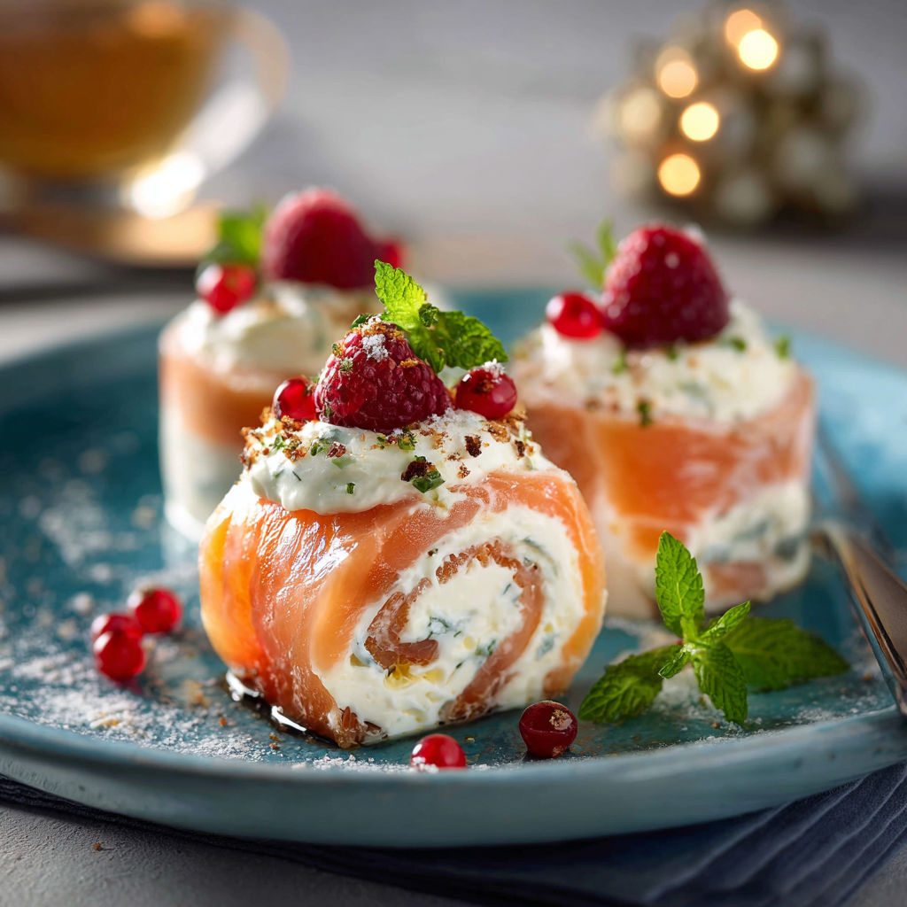Un dessert en forme de rouleau avec des fruits rouges et des herbes vertes sur un plateau.