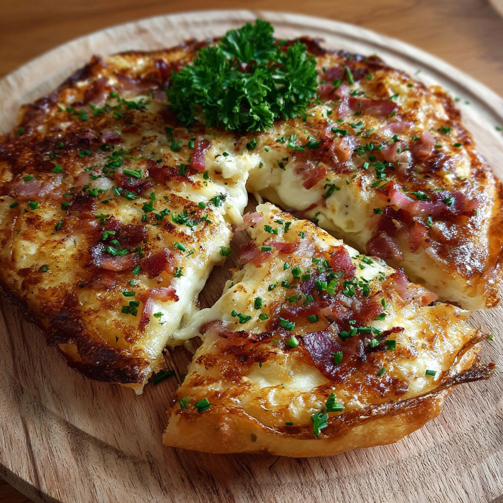 Une pizza flammekueche, avec des herbes et des bacon, est servie sur un plateau en bois.