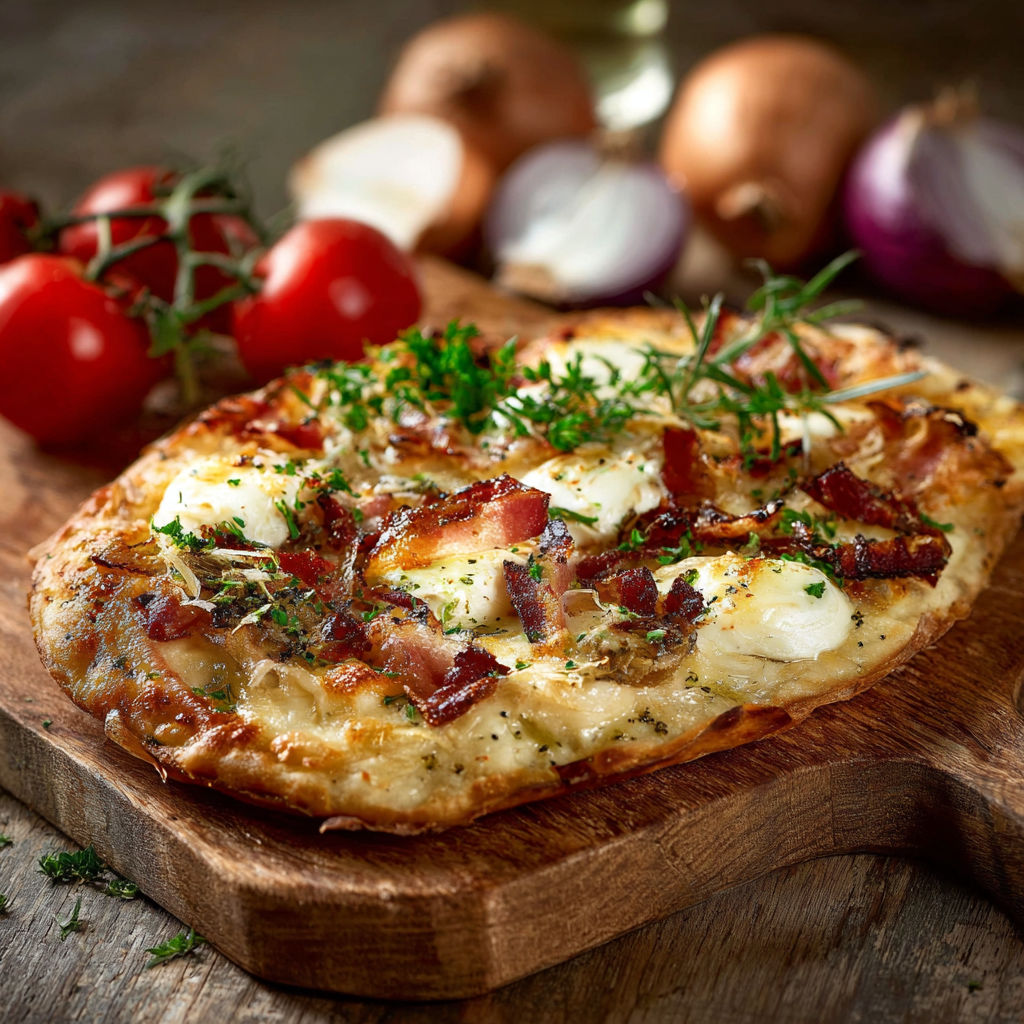 Une Flammekueche maison, garnie de bacon et de tomates, est servie sur une table.
