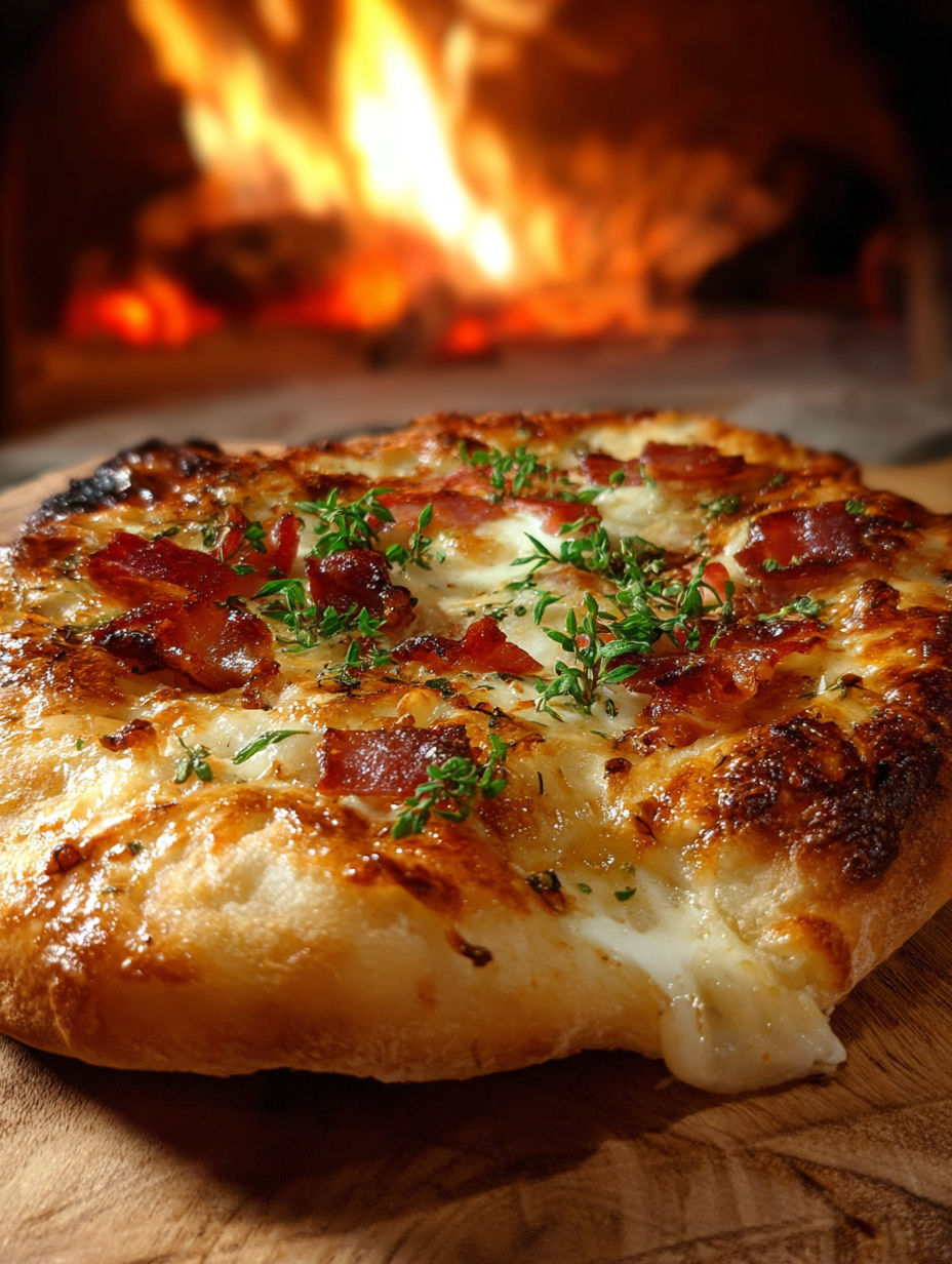 Une Flammekueche chaude et croustillante, servie sur un plateau de bois.