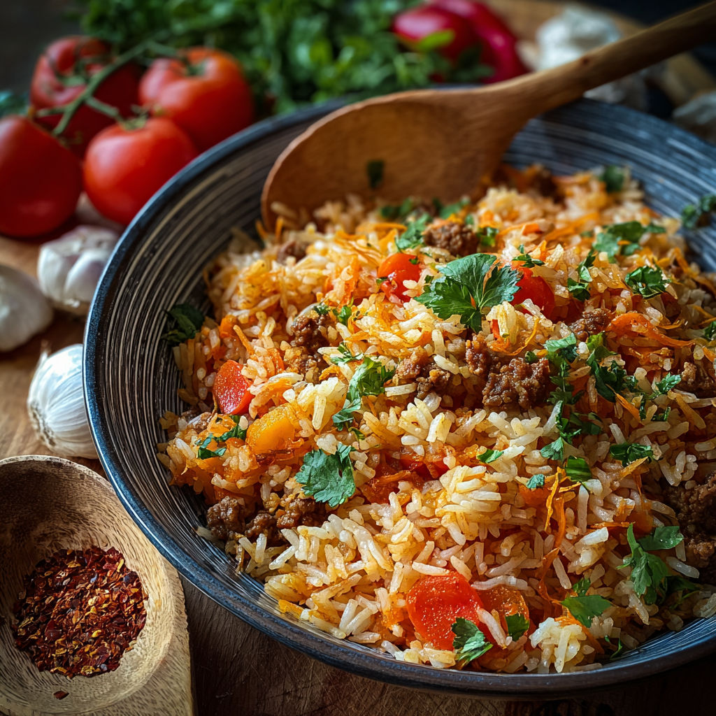 Un plat de Riz Rapide avec des légumes et des herbes.