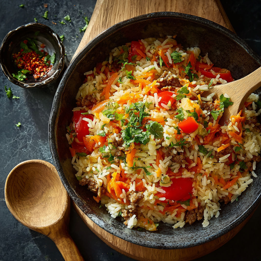 Une recette de riz et carottes avec des herbes et des tomates.