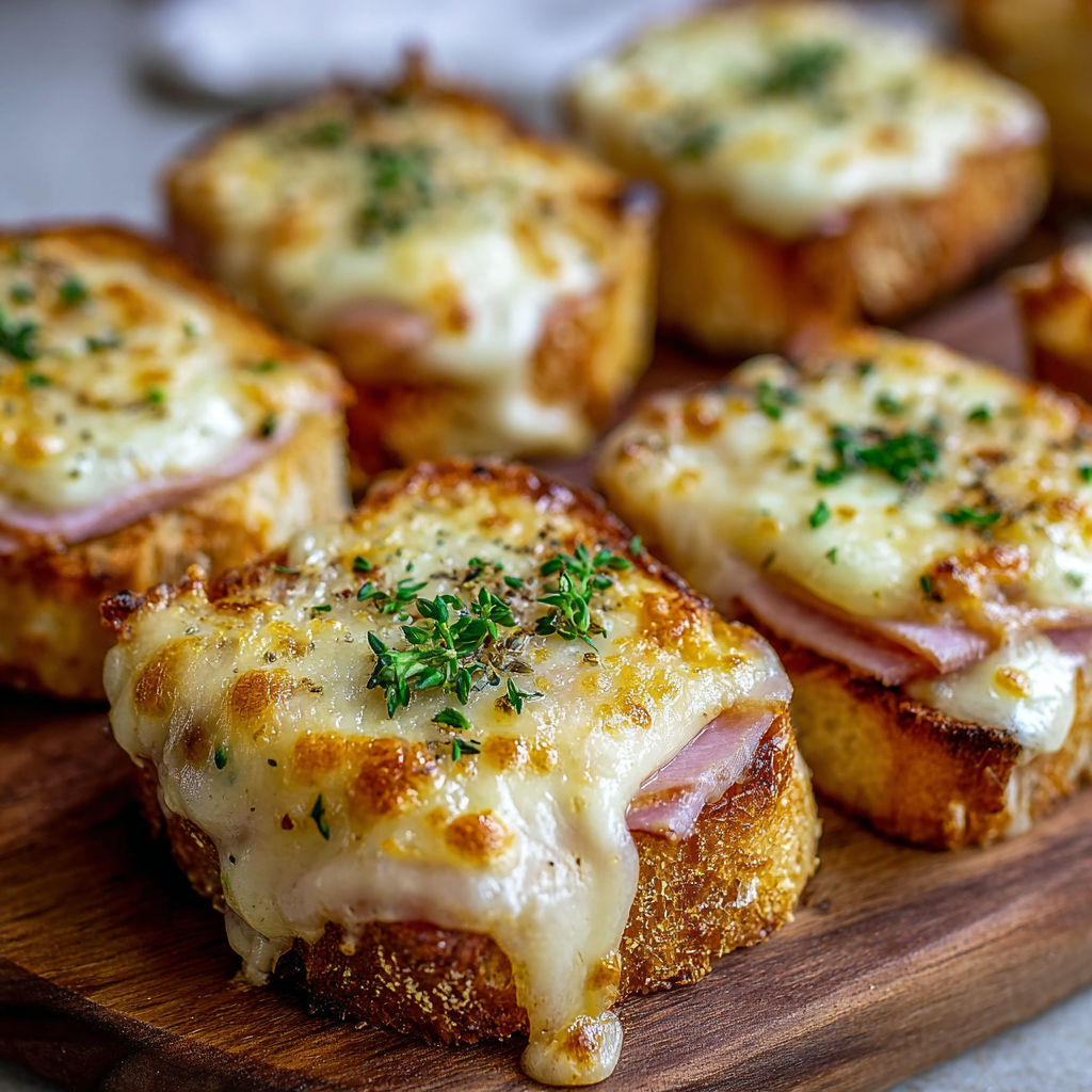 Une mini croque au fromage et aux herbes sur un plateau.